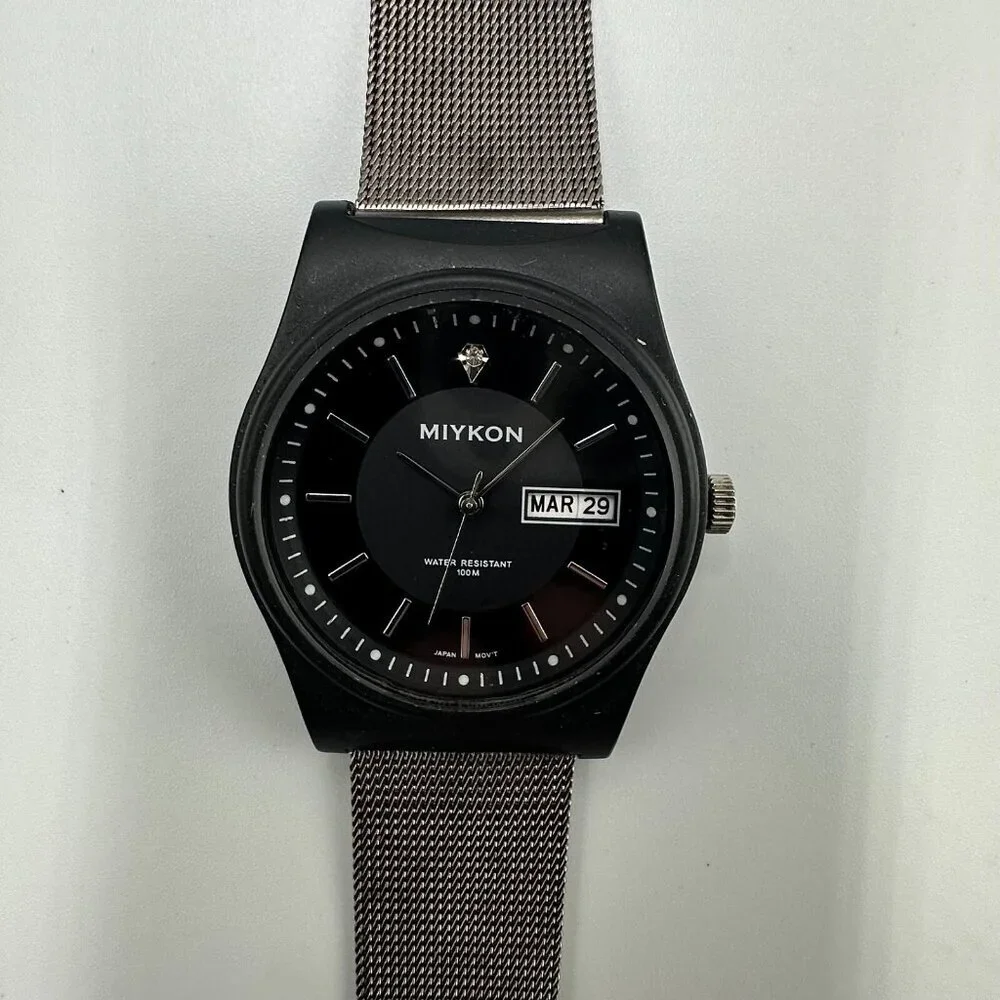 Miykon Watch Men Black Day Date Dial 38MM Mesh Buckle Band New Battery 9 Inch